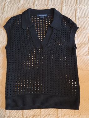 French Connection Black Openwork Knit V-Neck Sleeveless Sweater Vest
